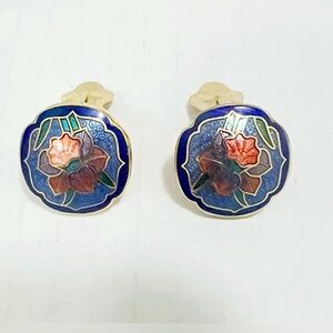 Colorful Blue Flower Cloisonne Clip On Earrings Retro Vintage Jewelry 1970s